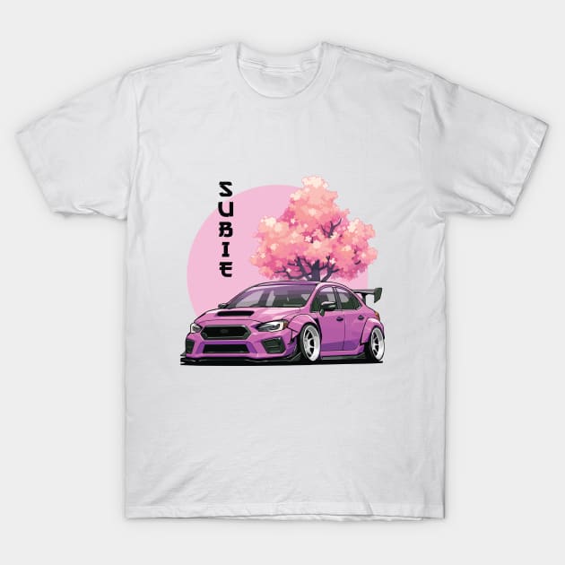 Subaru Impreza WRX STI Car Art - Widebody Modified Pink JDM Car T-Shirt by JDM-Rey